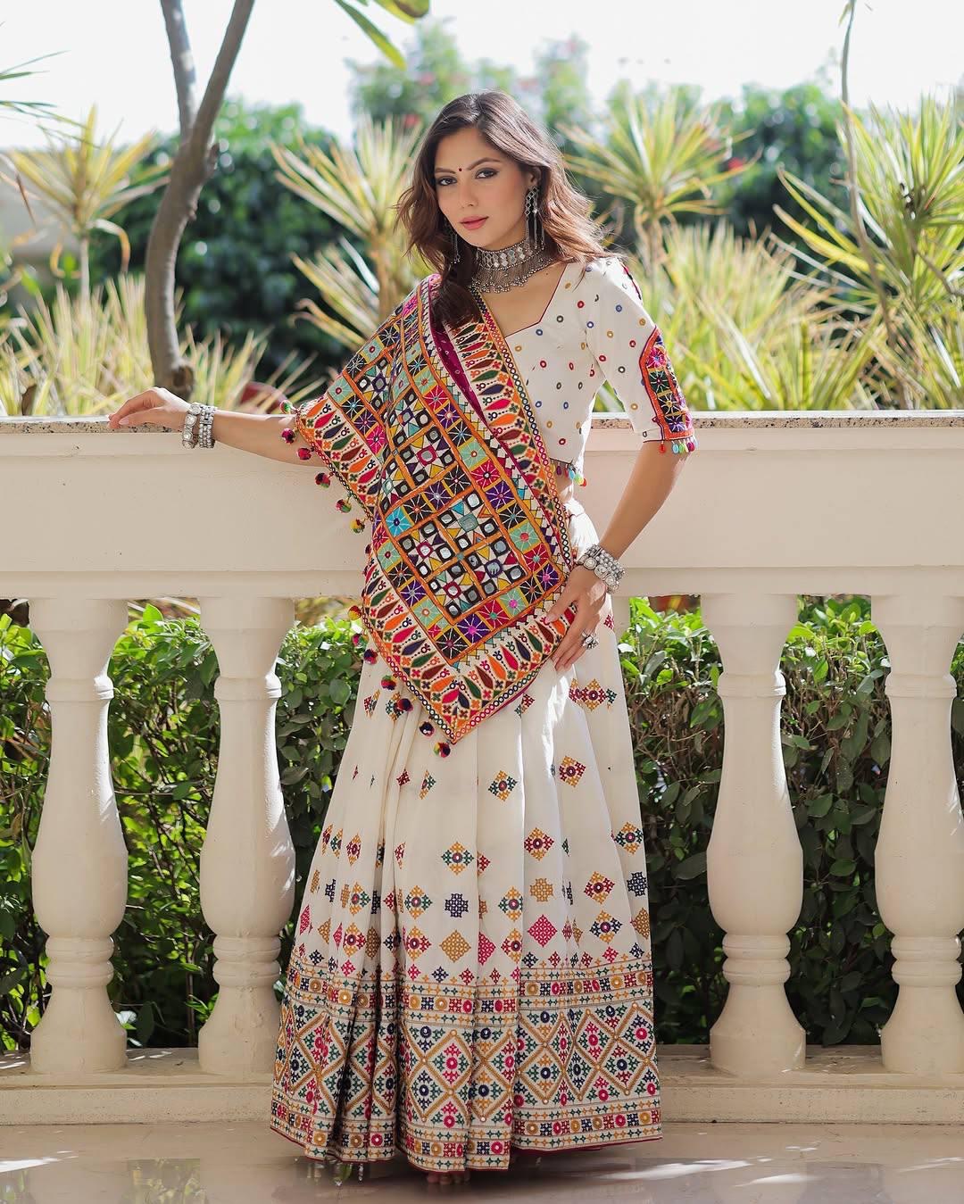 Muslin Digital Print With Mirror Work White Concept Navratri Special Designer Chaniya Choli
