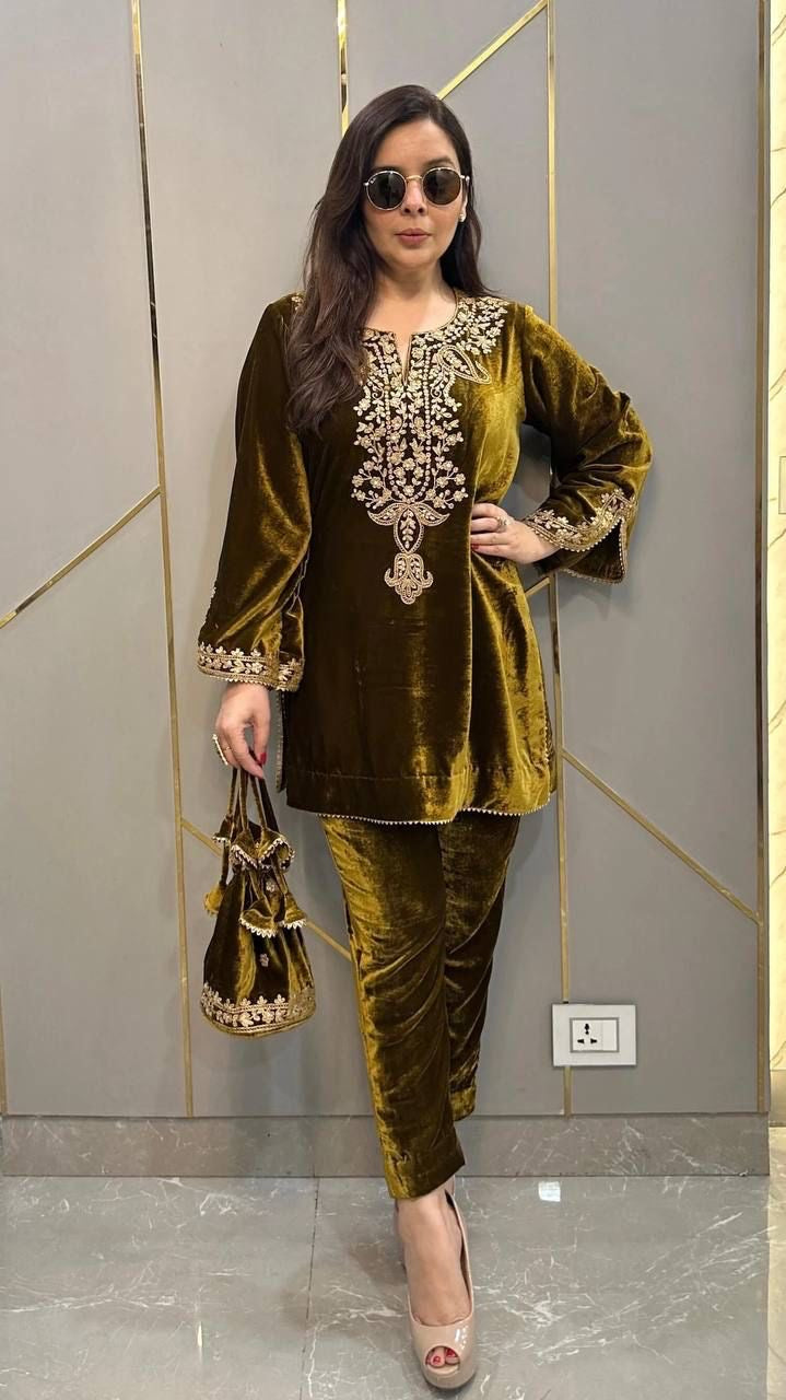 Neck Embroidery work Velvet Kurti Pant Set (Stitched) - Premium  from Ethenika.com - Just INR 2190! Shop now at Ethenika.com 