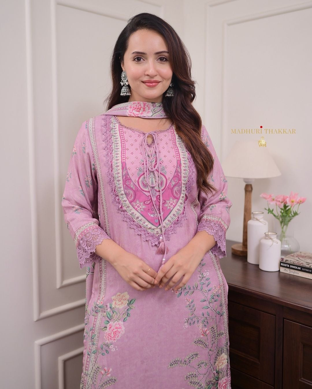 Lilac Muslin Floral Digital Printed Pakistani Kurti Pant Dupatta Set - Premium  from Ethenika.com  - Just INR 2490! Shop now at Ethenika.com 