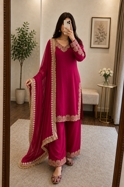 Chinon Silk Embroidery Kurti Palazzo Dupatta | Ready to Wear