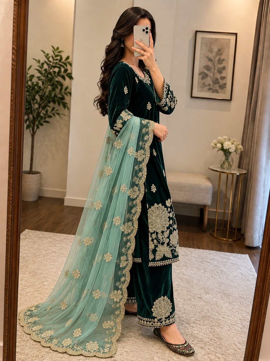 Viscose Embroidery Work Designer Ready to Wear Velvet Kurti Pant Dupatta Set
