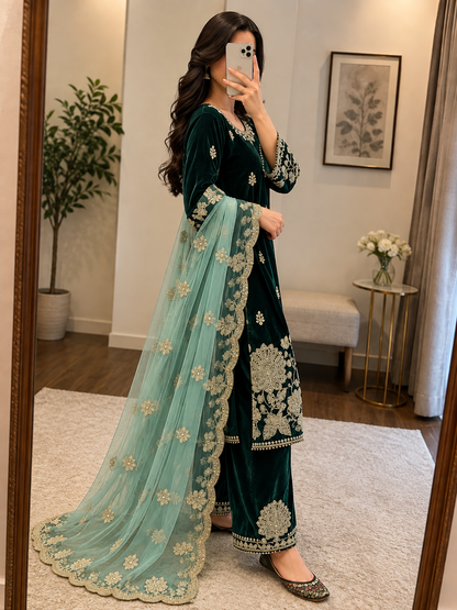 Viscose Embroidery Work Designer Ready to Wear Velvet Kurti Pant Dupatta Set