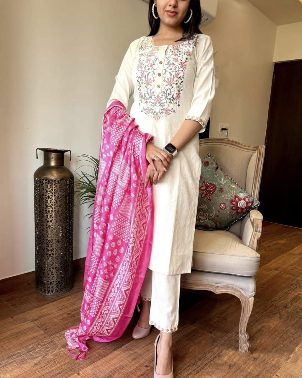 Handloom Khadi Cotton Embroidery work Kurti Pant Dupatta Set (Stitched) - Premium  from Ethenika.com  - Just INR 1890! Shop now at Ethenika.com 