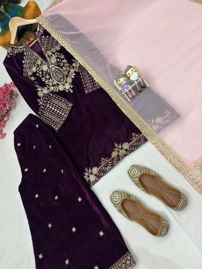 Sequence 5mm Embroidery Work Winter Special Designer Velvet Kurti Pant Dupatta Set (Ready To Wear)