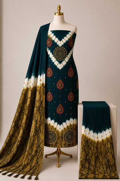 Soft Cotton Mirror Khatli Thread Work 3pc Unstitched Shibori Bandhani Dress Material