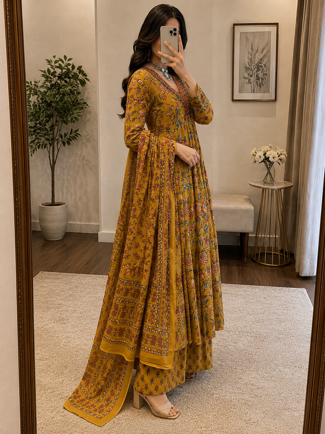 Pure Cotton Floral Printed A Line 3Pc Kurti Pant Dupatta Set
