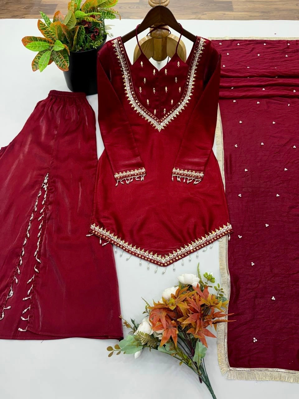 Roman Glass Silk Mirror Work Designer Kurti Palazzo Dupatta Set (Ready to Wear)