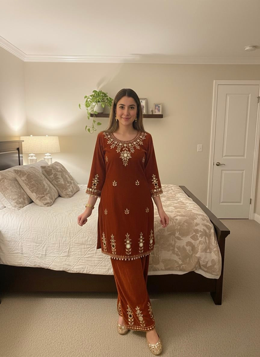 Ethenika Real Mirror Work Velvet Cord Set