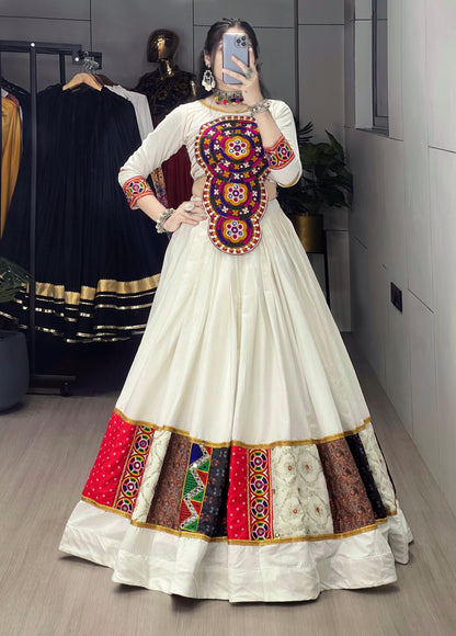Rayon Kutchi Fancy Embroidery Mirror work White Concept Designer Chaniya Choli (Ready to Wear)