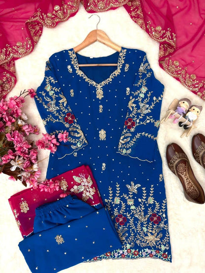 Georgette Sequence Embroidery Work Designer Kurti Sharara Dupatta Set (Ready To Wear)