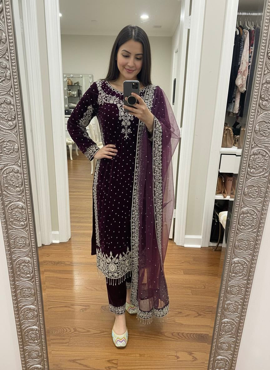 Ethenika Moti Work Designer Ready to Wear Velvet Kurti Pant Dupatta Set