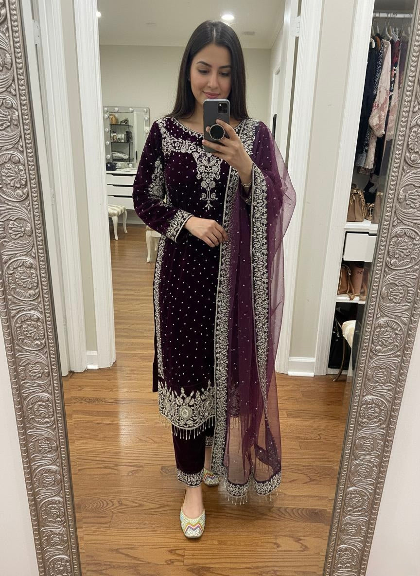 Ethenika Moti Work Designer Ready to Wear Velvet Kurti Pant Dupatta Set