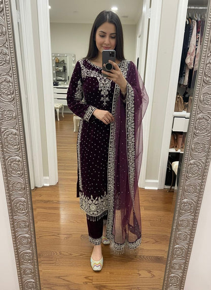 Ethenika Moti Work Designer Ready to Wear Velvet Kurti Pant Dupatta Set