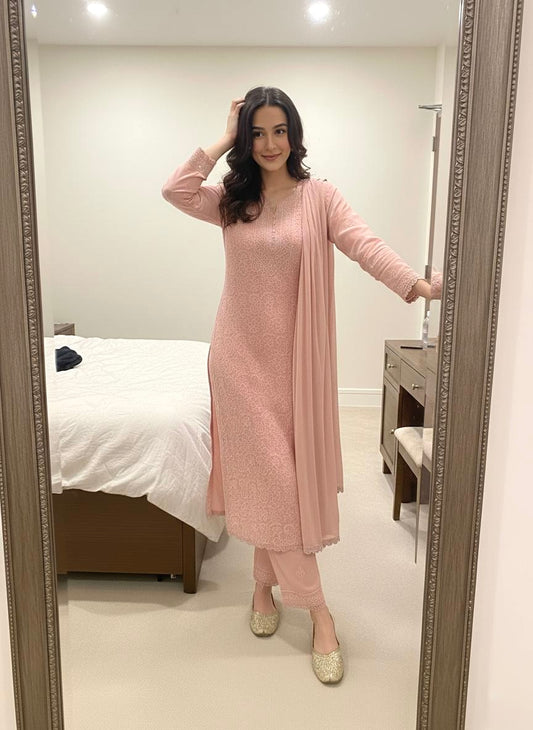 Ethenika Faux Georgette Chikankari Kurti Pant Dupatta