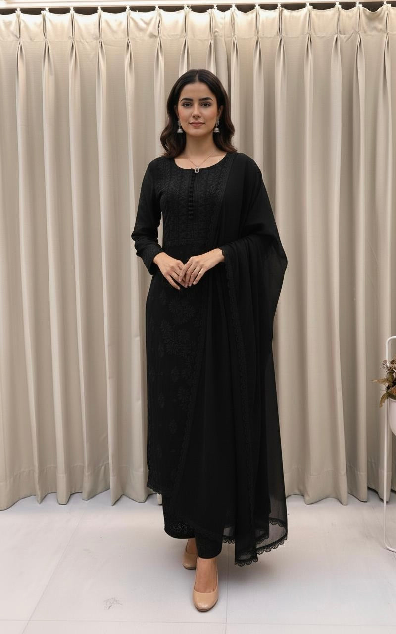 Georgette Chikankari Kurti Palazzo Dupatta Set