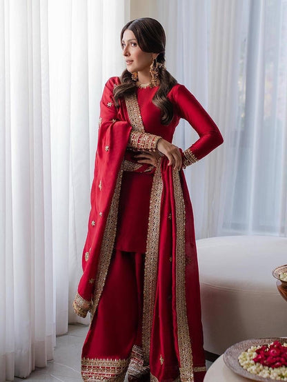 Rangoli Silk Karwa Chauth Special Designer Kurti Palazzo Dupatta Set (Ready To Wear)