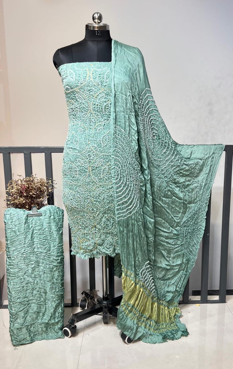 Modal Silk Original Kutch Hand Crafted Barik Bandhej Work Silk Bandhani Dress Material (Unstitched)