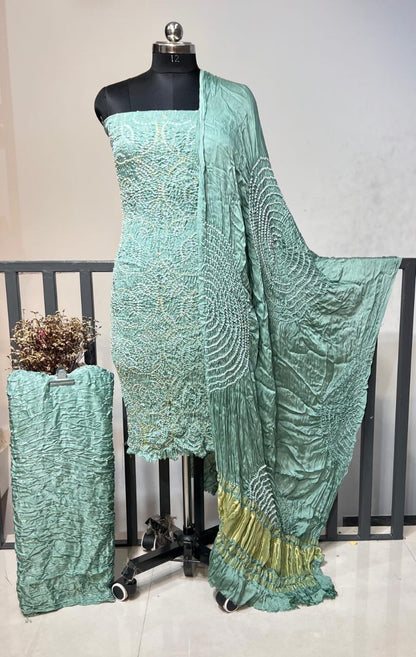 Modal Silk Original Kutch Hand Crafted Barik Bandhej Work Silk Bandhani Dress Material (Unstitched)