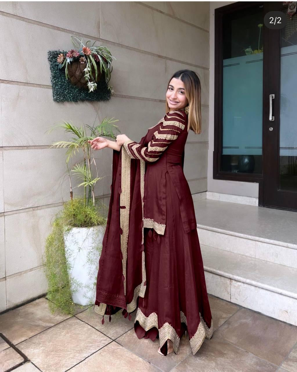 Faux Georgette Sequence Embroidery Work Kurti Sharara Dupatta Set (Ready to Wear)