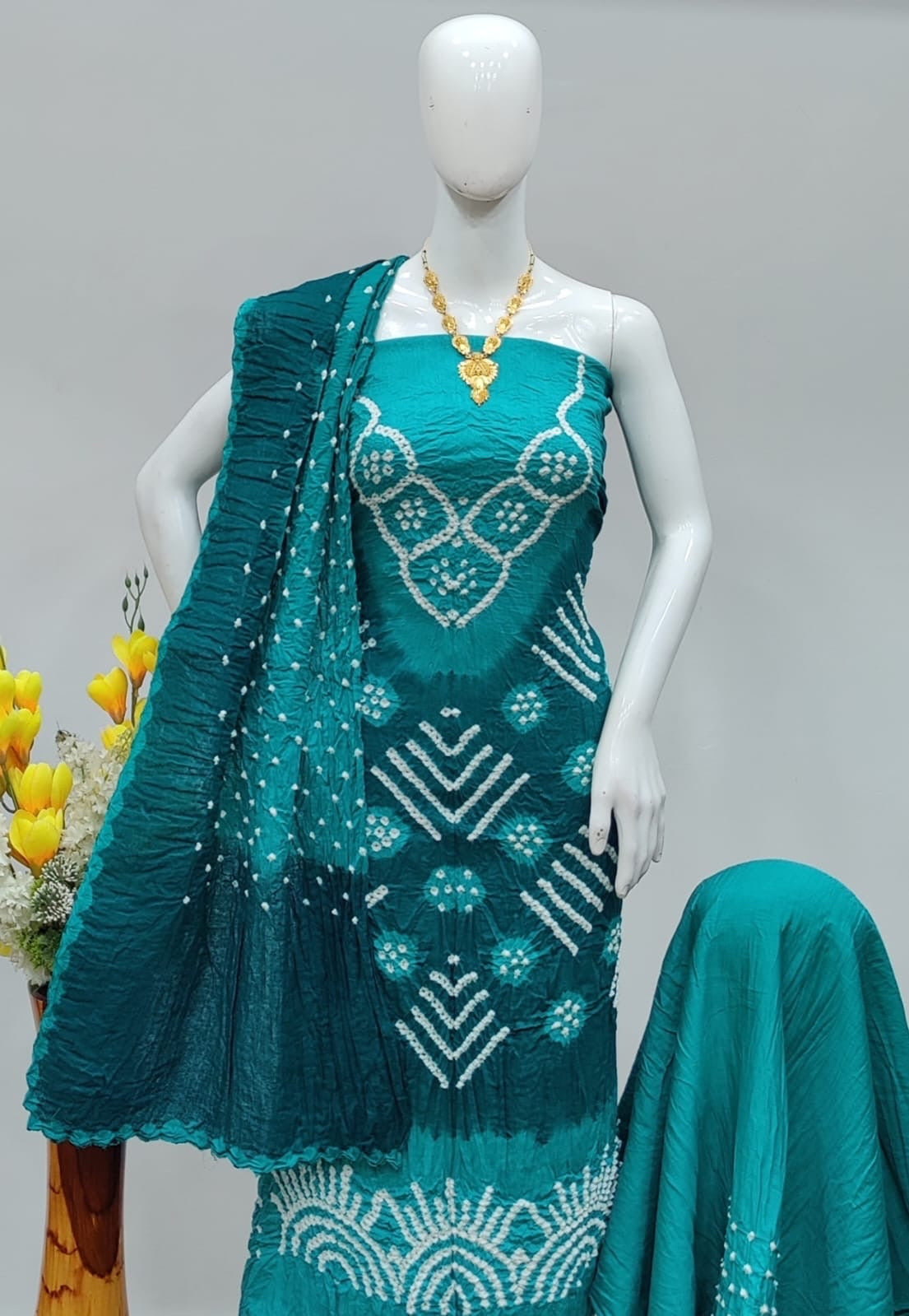 Hand Crafted Cotton Self Color Original Kutch Bandhani Dress Material (Unstitched) Cyan Hand Crafted Cotton Self Color Original Kutch Bandhani Dress Material (Unstitched) Cyan