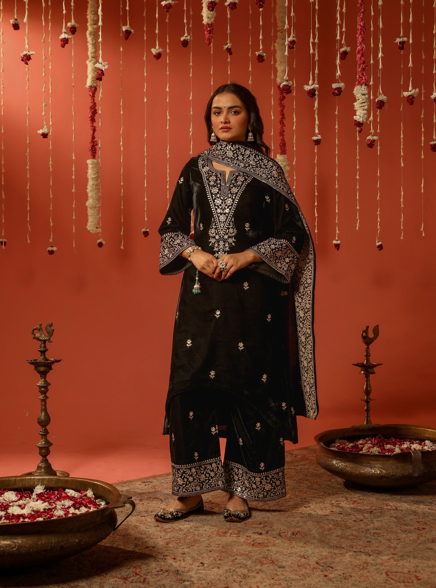 Ethenika Designer Embroidery Work Velvet Kurti Pant Dupatta Set (Ready to Wear)