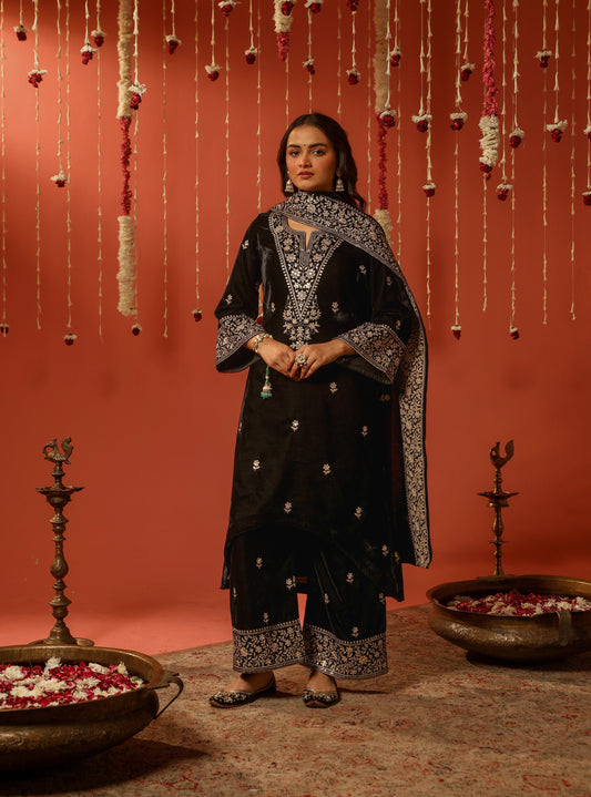 Ethenika Designer Embroidery Work Velvet Kurti Pant Dupatta Set (Ready to Wear)