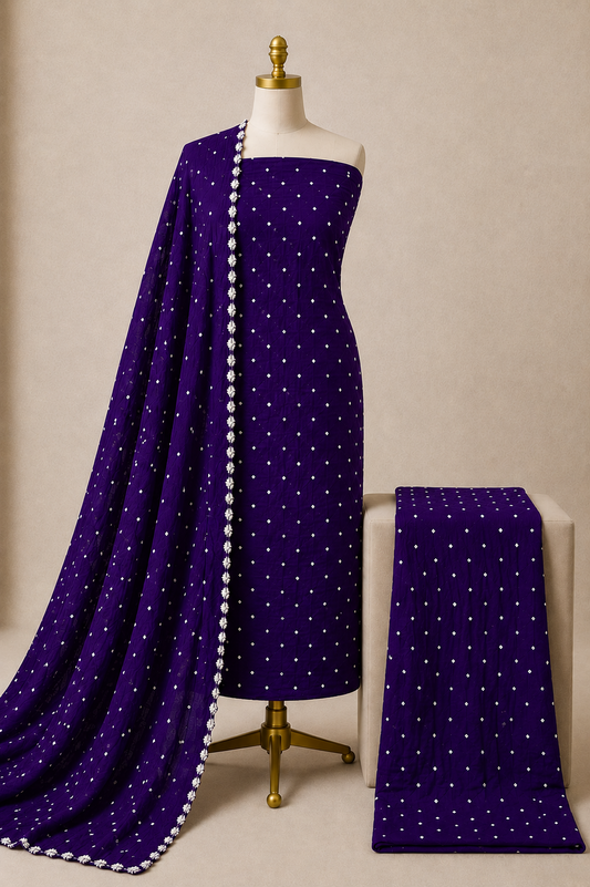 Cotton Satin Self Color Kutch 3Pc Unstitched Bandhani Dress Material