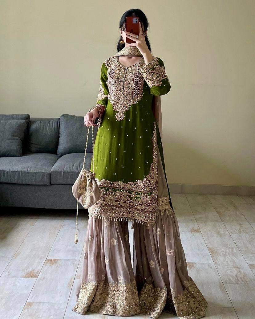 Real mirror Embroidery work Kurti Sharara Dupatta set - Premium  from Ethenika.com  - Just INR 3990! Shop now at Ethenika.com 