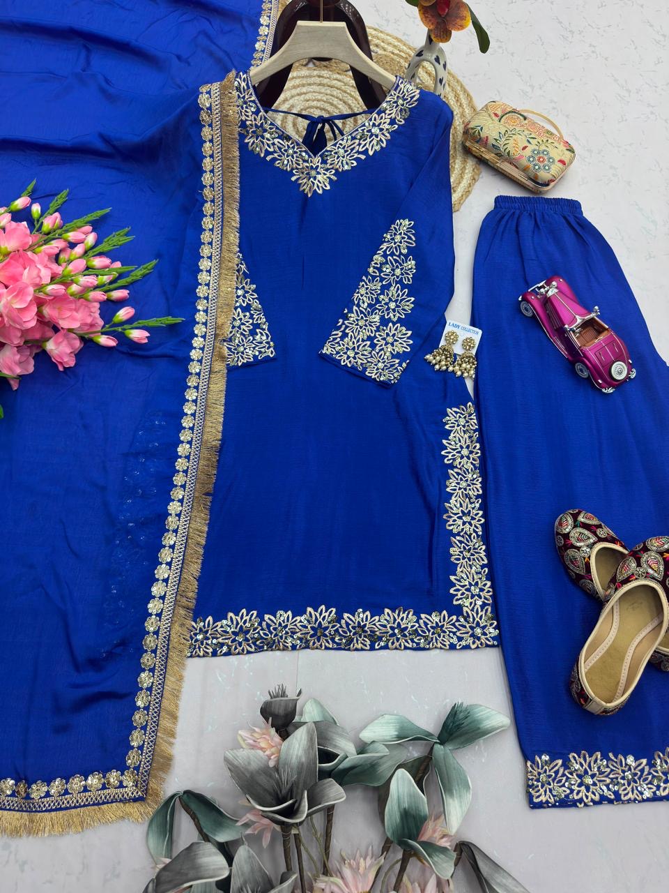 Chinon Silk Embroidery Kurti Palazzo Dupatta | Ready to Wear