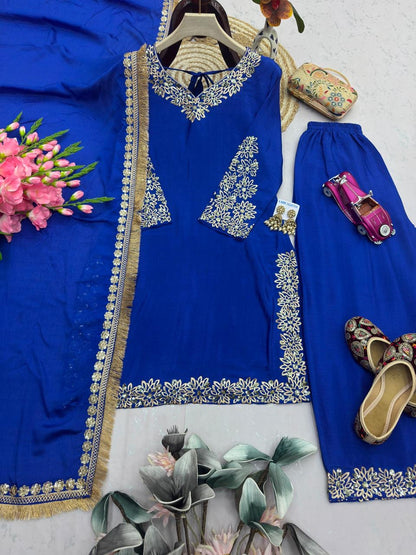 Chinon Silk Embroidery Kurti Palazzo Dupatta | Ready to Wear