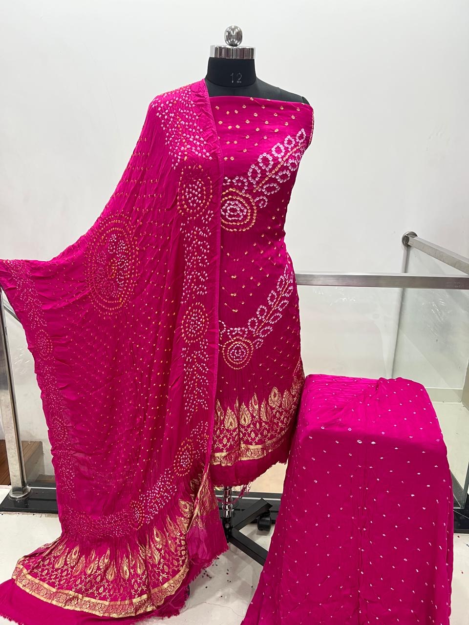 Modal Silk Original Jamnagar Hand Crafted Bandhej Work Bandhani Dress Material (Unstitched)