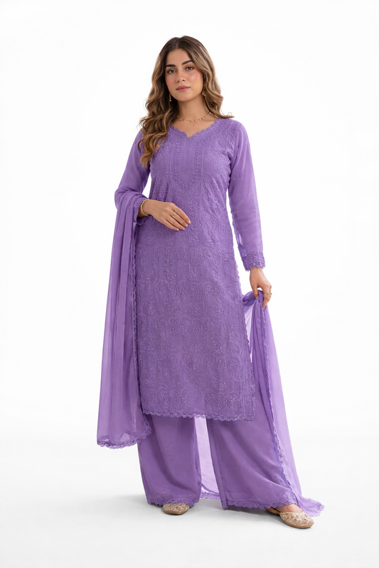 Faux Georgette Chikankari Kurti Palazzo Set