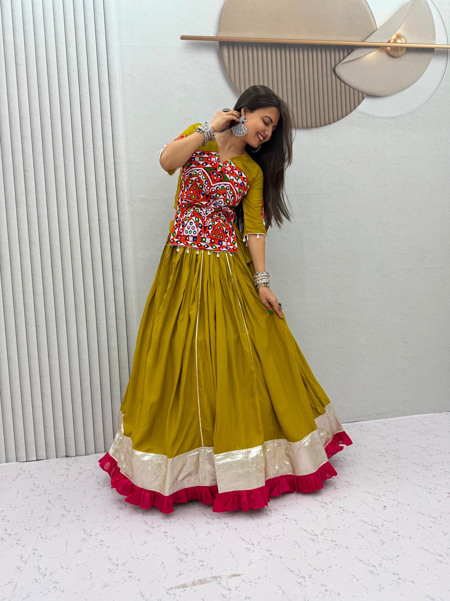Pure Cotton Gamthi Mirror Work Kediyu Lehenga Choli - 6 Meter Flair