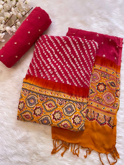 Authentic Ajrakh Print with Bandhej Work Bandhani Material (Unstitched) - Premium  from Ethenika.com - Just INR 1890! Shop now at Ethenika.com 