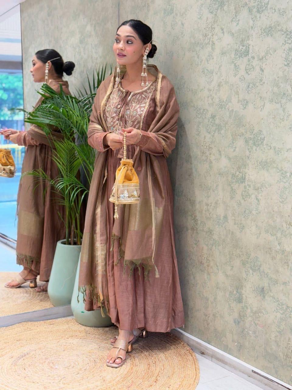 Mal Chanderi Flair Work Kurti Pant Dupatta Set (Ready to Wear)