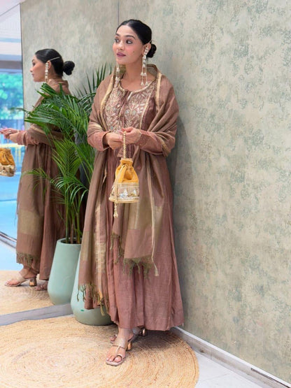 Mal Chanderi Flair Work Kurti Pant Dupatta Set (Ready to Wear)