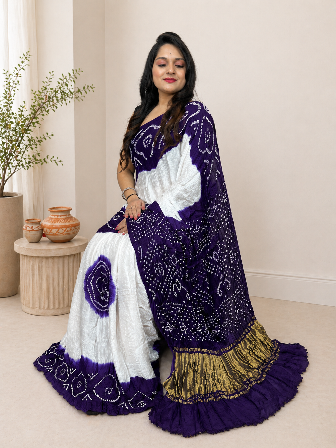 Modal Silk White Concept Silk Bandhani Saree