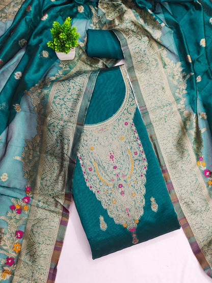 Chanderi Silk Jeckquard Weaving Work 3Pc Dress Material for Women (Unstitched)