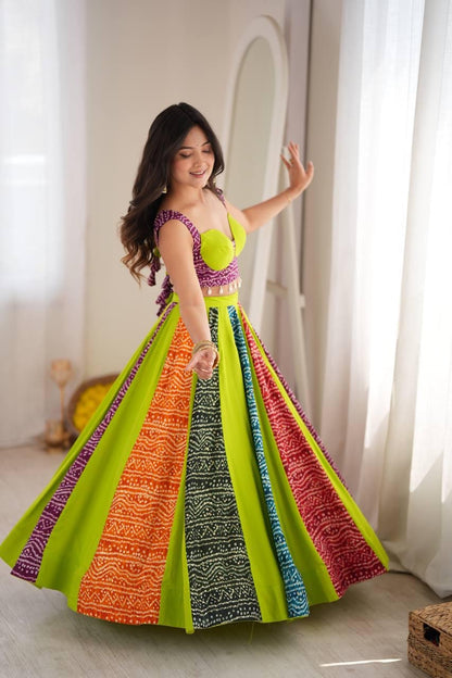 Multicolor Bandhani Rayon Digital Print Chaniya Choli | Ready to Wear | Free Size M-XXXL