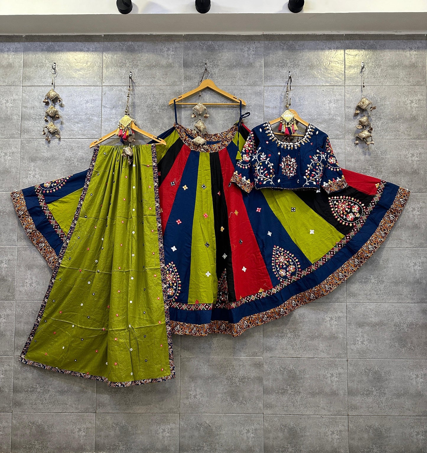 Pure Jaam Cotton Real Mirror Work Navratri Special 8M Flair Designer Chaniya Choli (Ready To Wear)