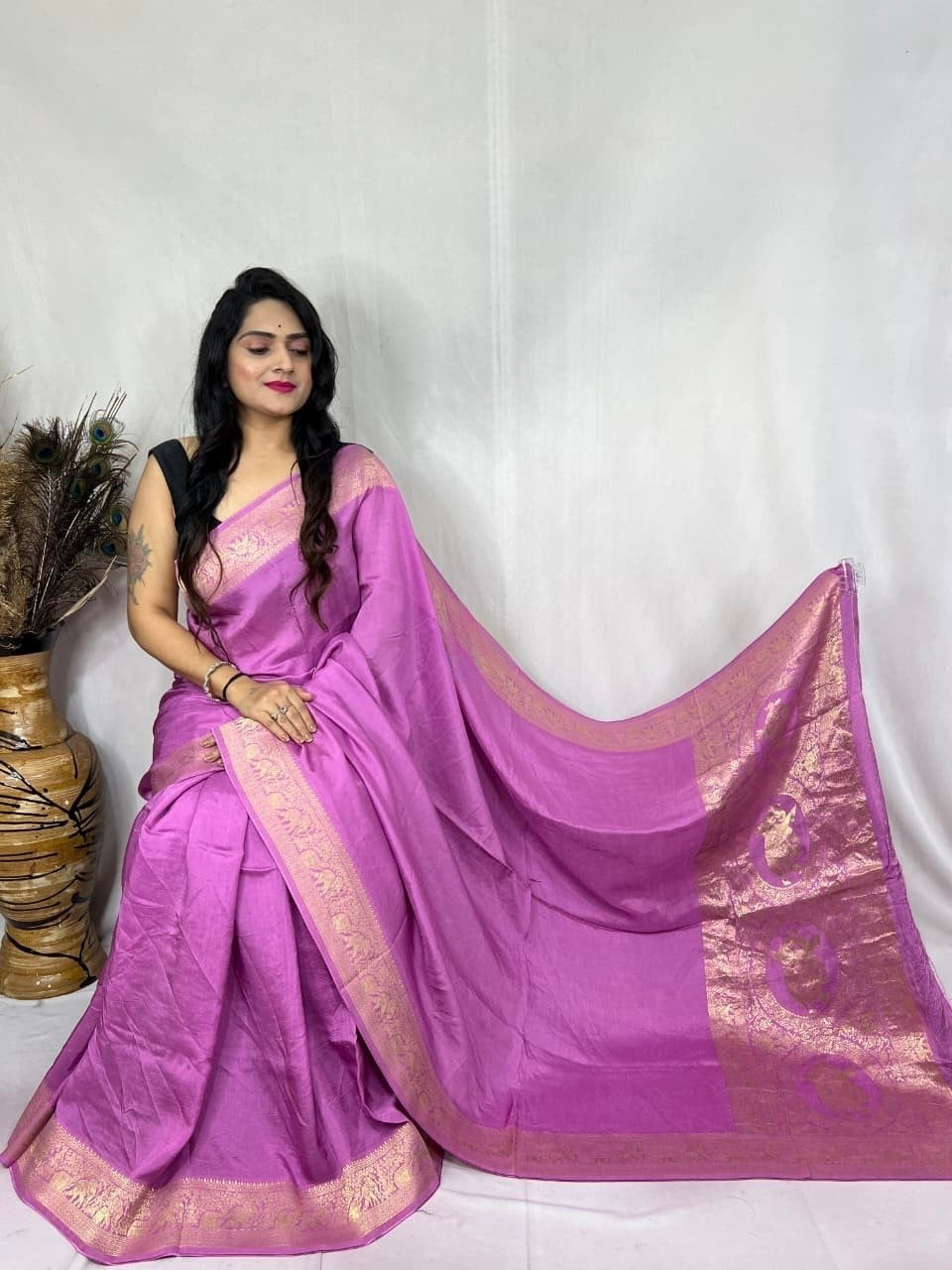 Dola Silk Plain Dye Golden Embroidery Work Silk Saree