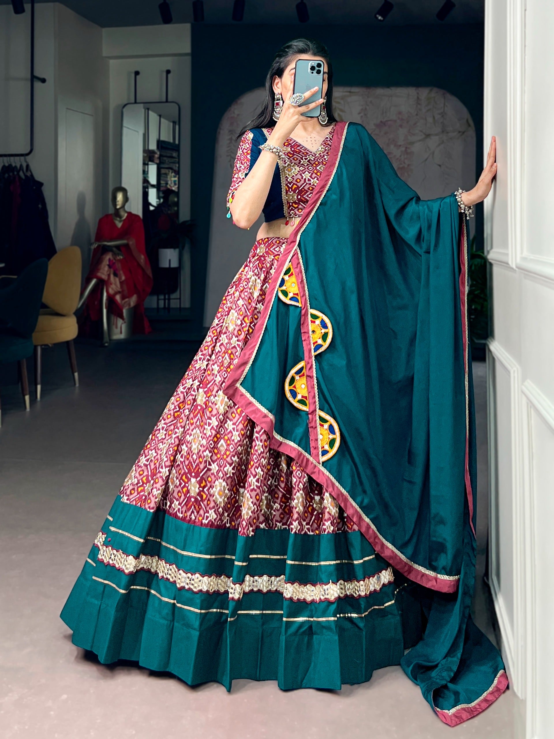 Tussar Silk digital printed designer Chaniya Choli for Navratri - ready-to-wear lehenga, blouse and dupatta, front view
