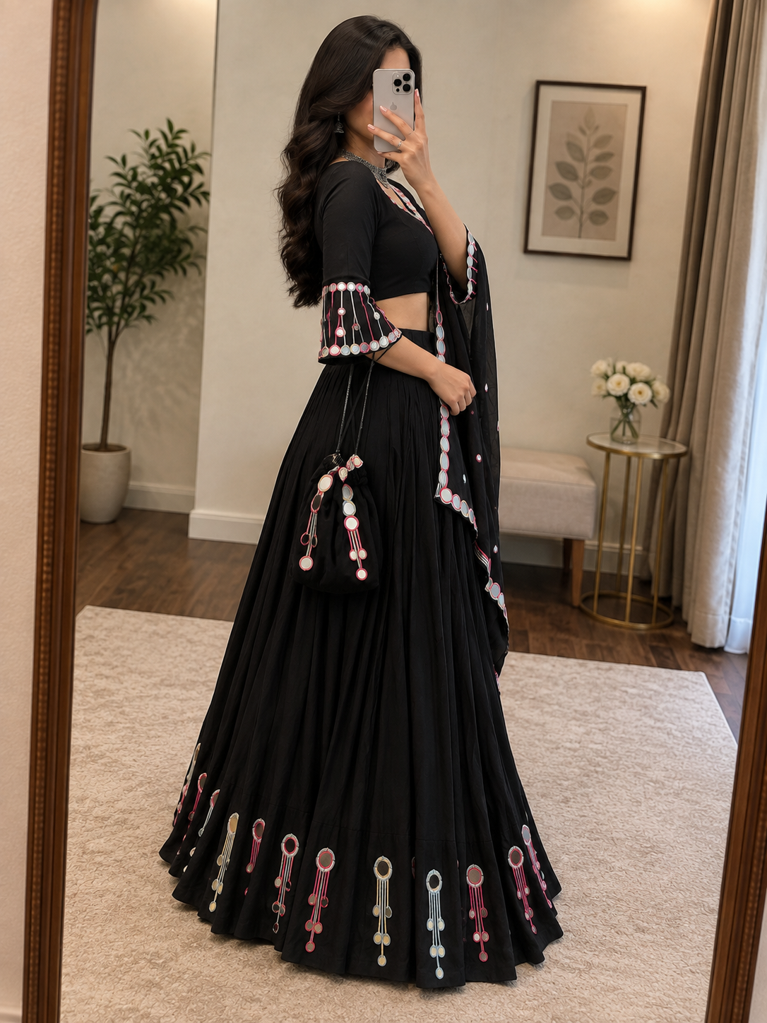 Black Beauty Rayon Mirror Work Chaniya Choli - lehenga close-up