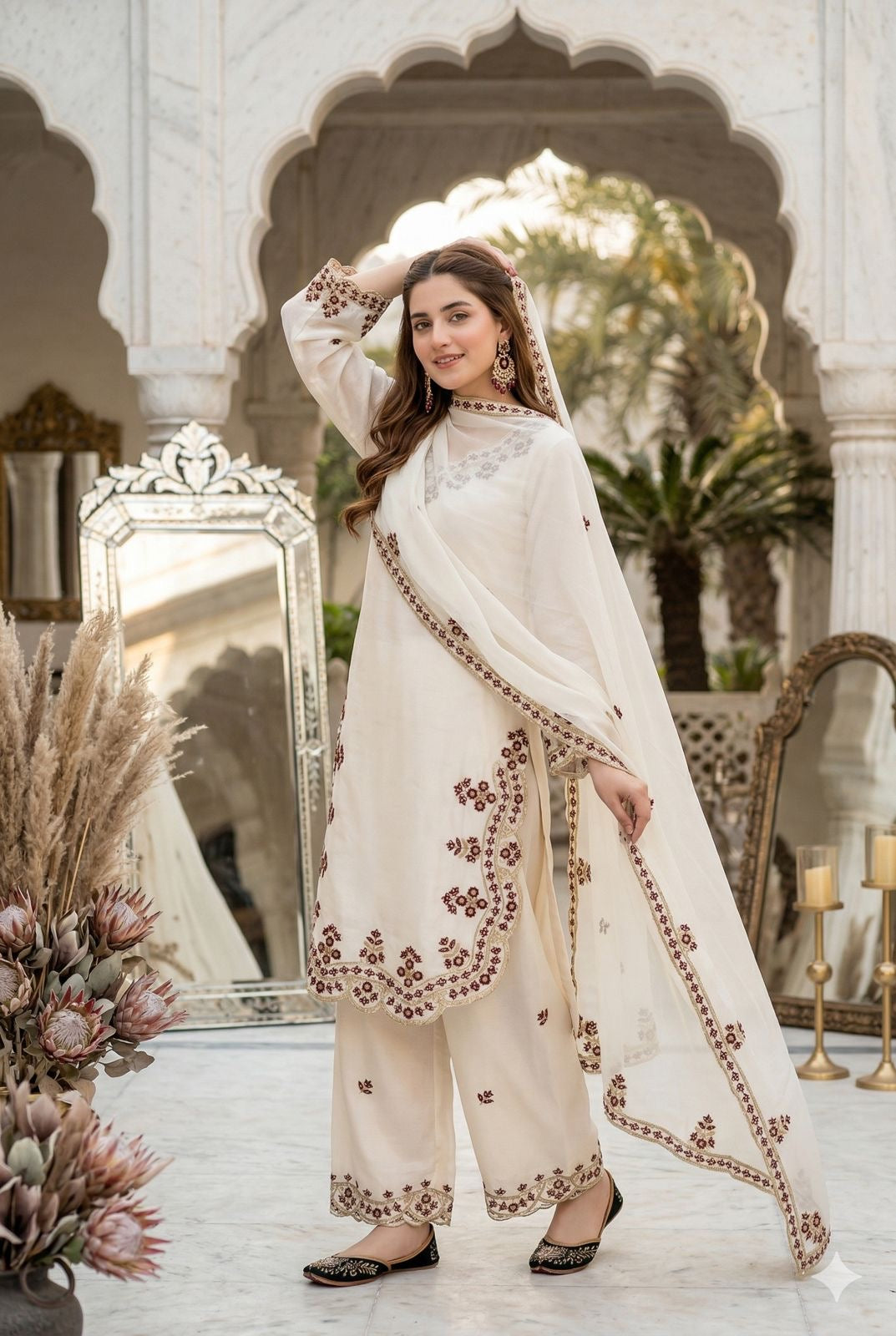 Sequence Designer Embroidery Work 3 Pc Kurta Palazzo Dupatta Set