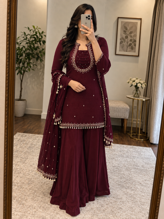 Faux Georgette Embroidery Kurti Sharara Set - Front View