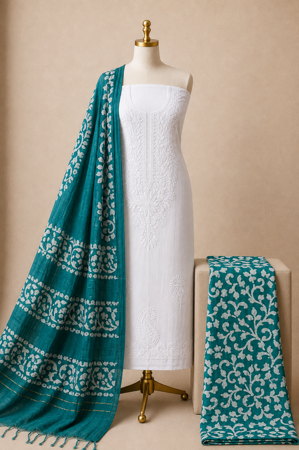 Cotton Lakhnavi Work With Handblock Batik Dupatta Salwar 3Pc Batik Dress Material (Unstitched)