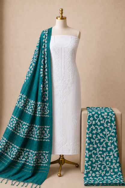 Cotton Lakhnavi Work With Handblock Batik Dupatta Salwar 3Pc Batik Dress Material (Unstitched)