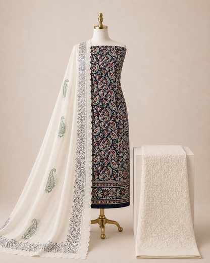 Soft Cotton Hand Blocked Ajrakh with Chikan Work Bottom 3pc Unstitched Dress Material