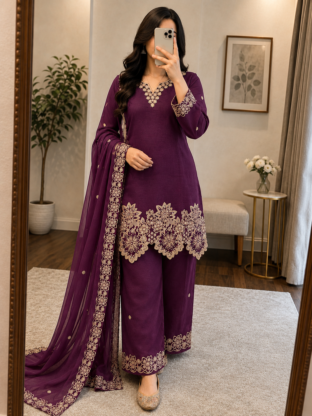 Designer Embroidery Kurti Palazzo Set | Jimmy Choo Silk | Ready to Wear