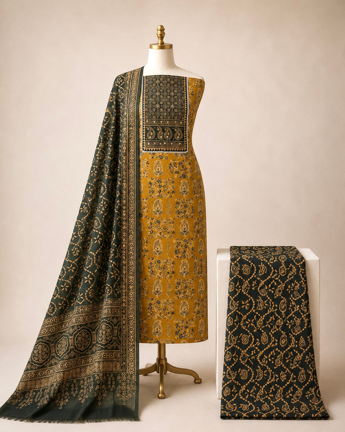 Soft Cotton Hand Block Ajrakh Print Neck Mirror Work Ajrakh 3Pc Dress Material